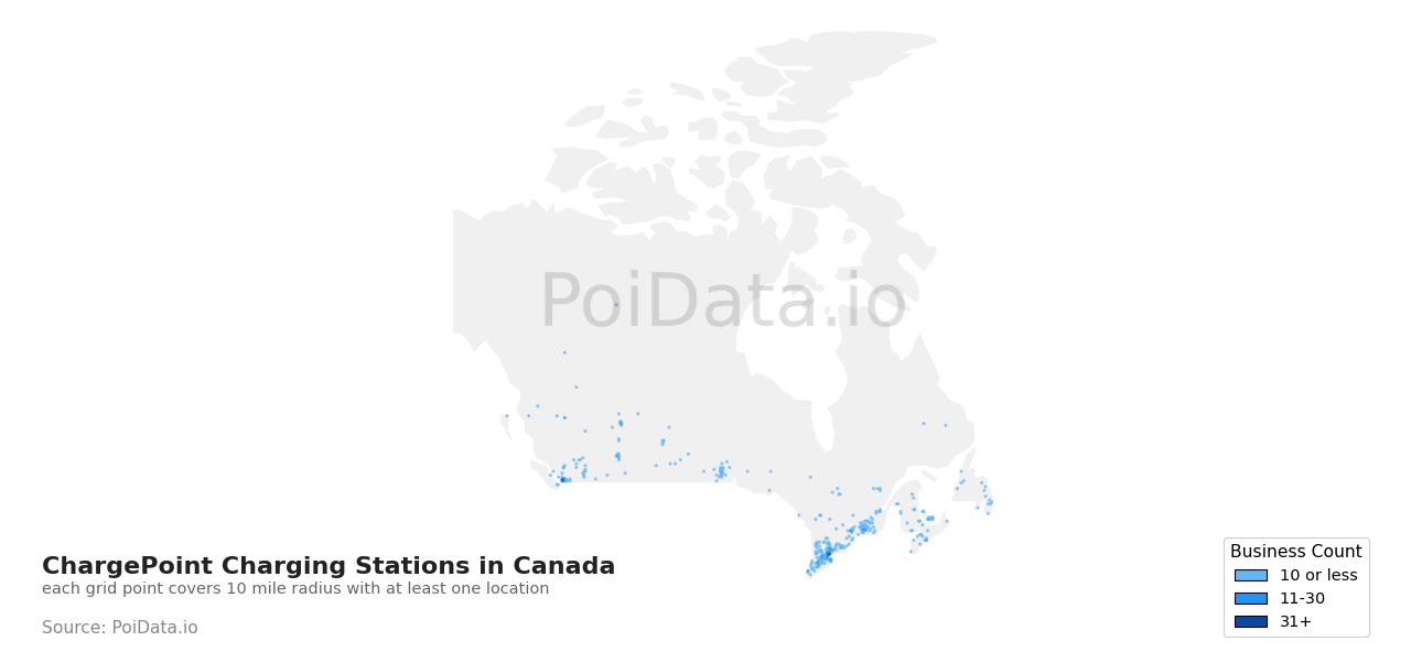 ChargePoint Charging Station density map for Canada