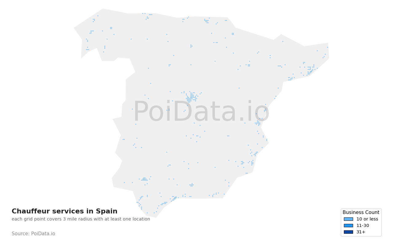 Chauffeur service density map for Spain
