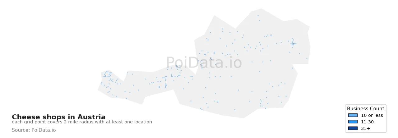 Cheese shop density map for Austria