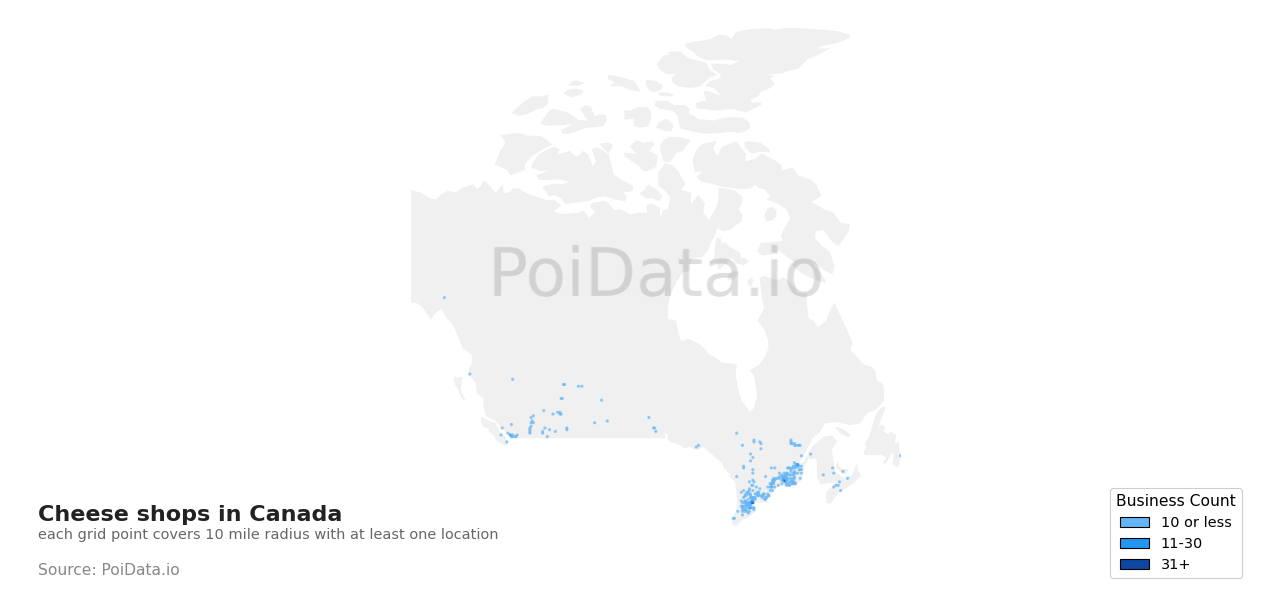 Cheese shop density map for Canada