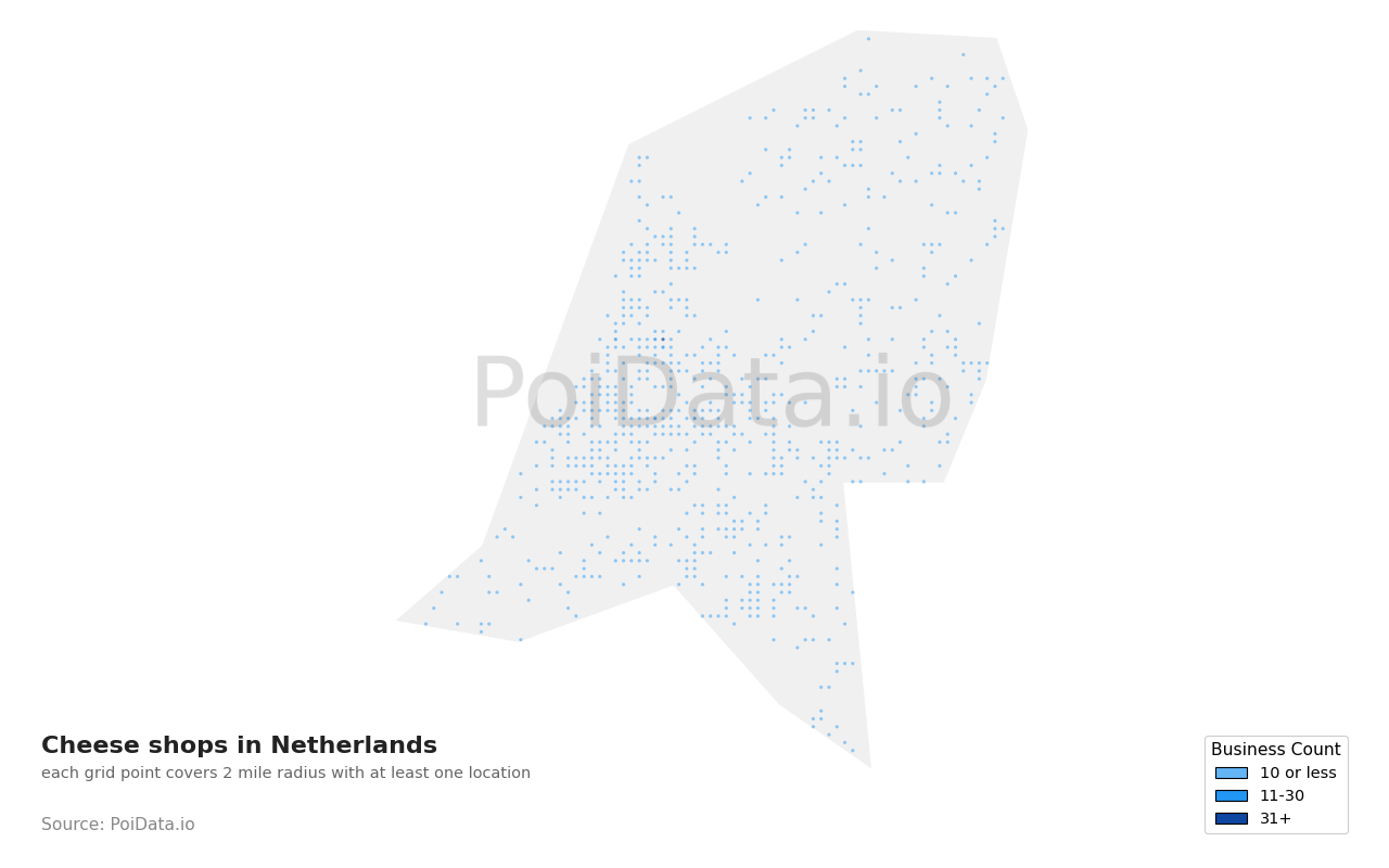 Cheese shop density map for Netherlands