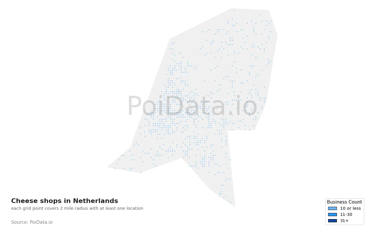 Cheese shop density map for Netherlands
