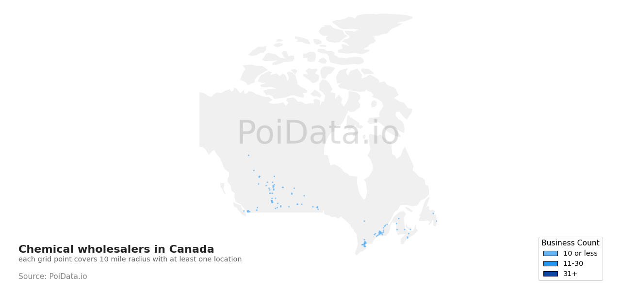 Chemical wholesaler density map for Canada