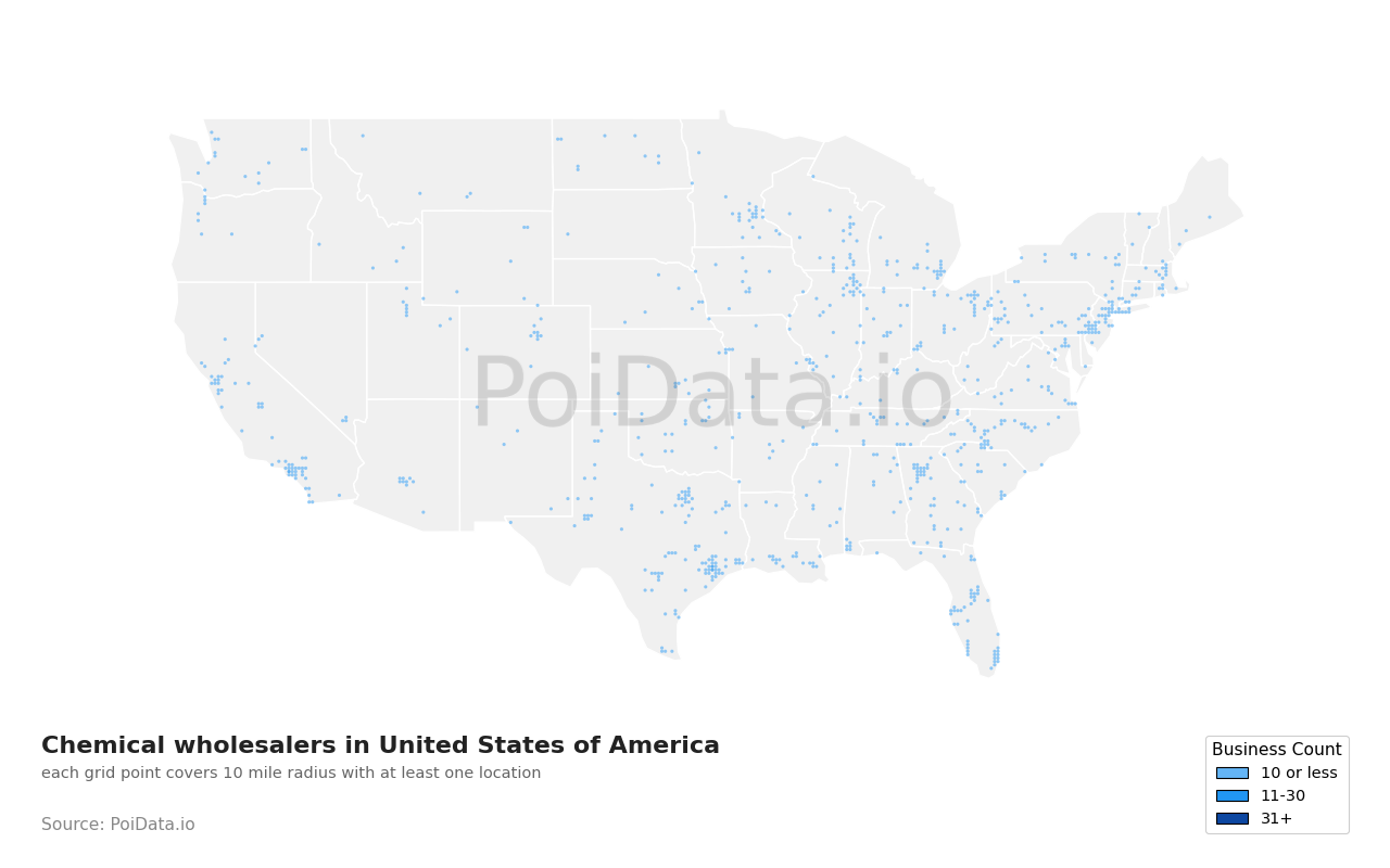 Chemical wholesaler density map for United States