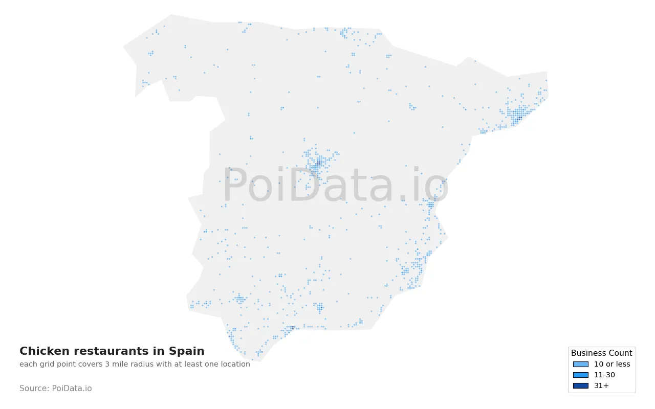 Chicken restaurant density map for Spain
