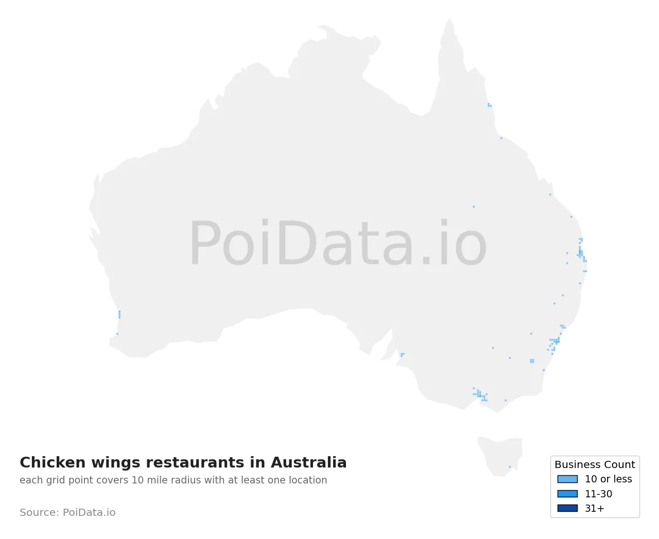 Chicken wings restaurant density map for Australia