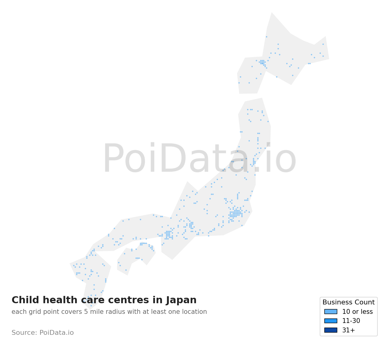 Child health care centre density map for Japan