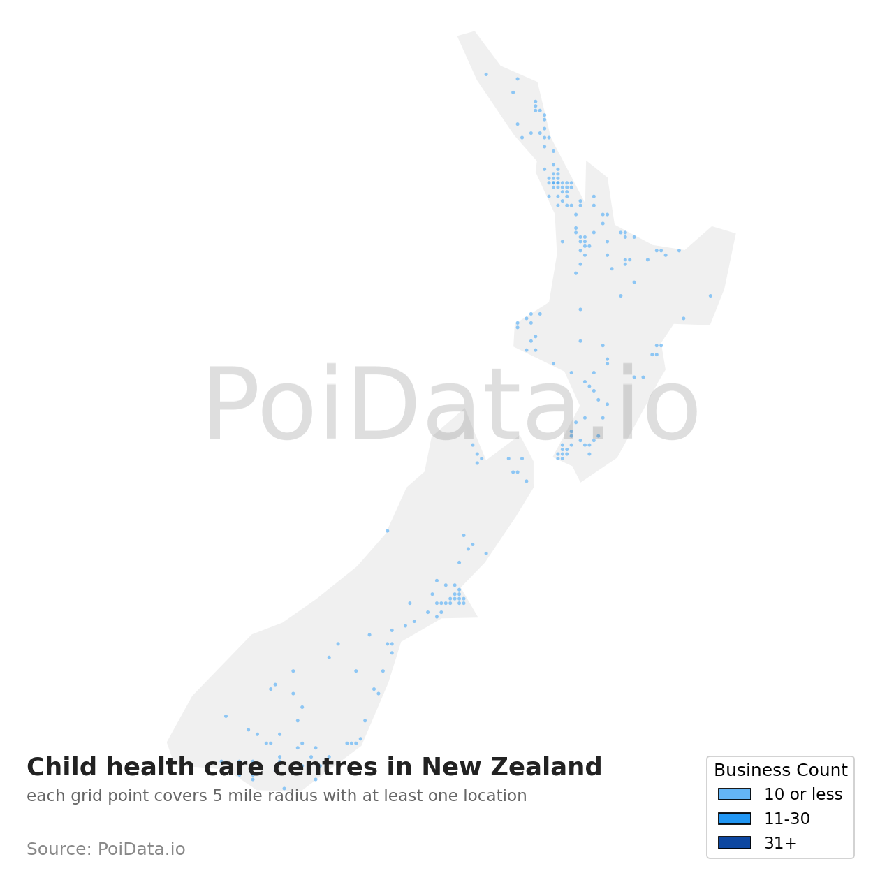 Child health care centre density map for New Zealand