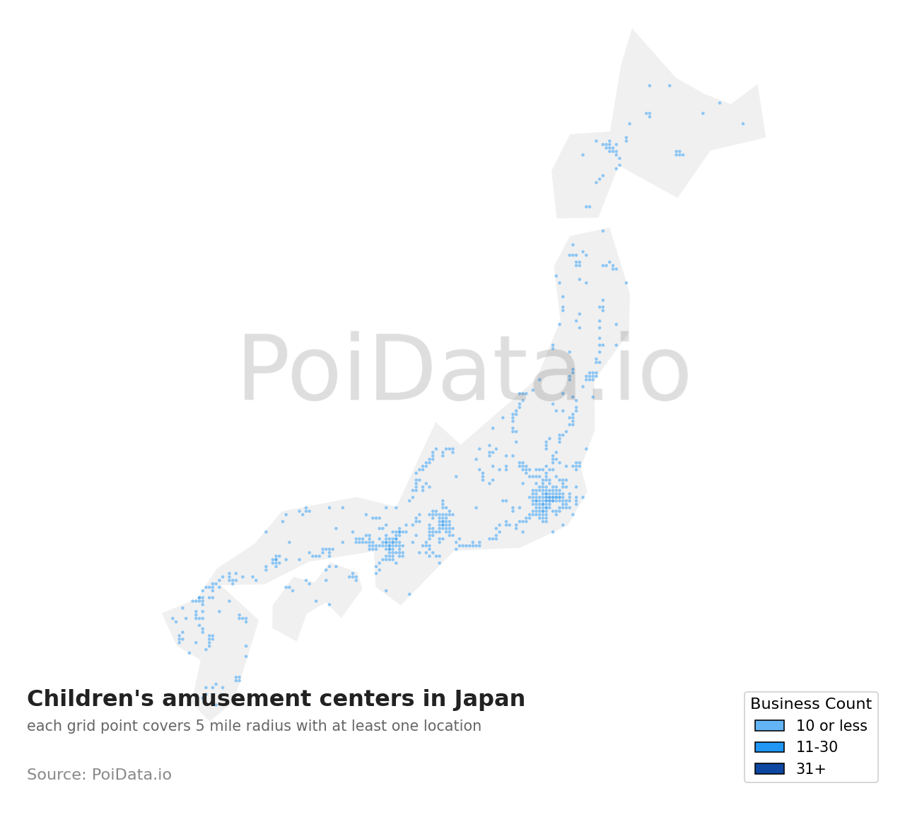 Children's amusement center density map for Japan