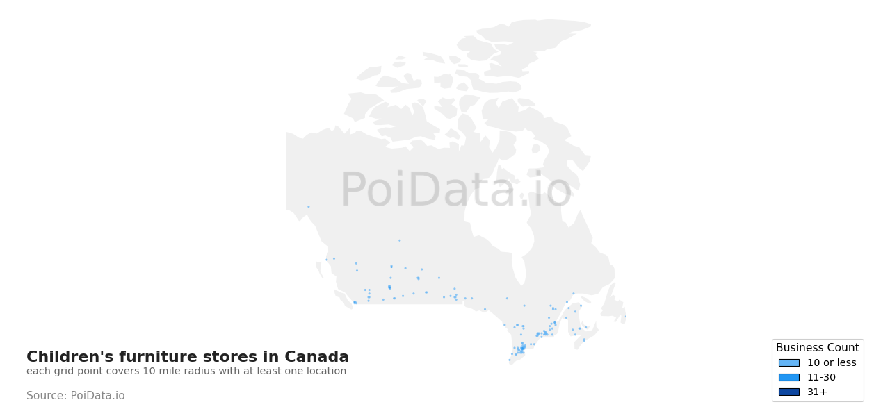 Children's furniture store density map for Manitoba, Canada