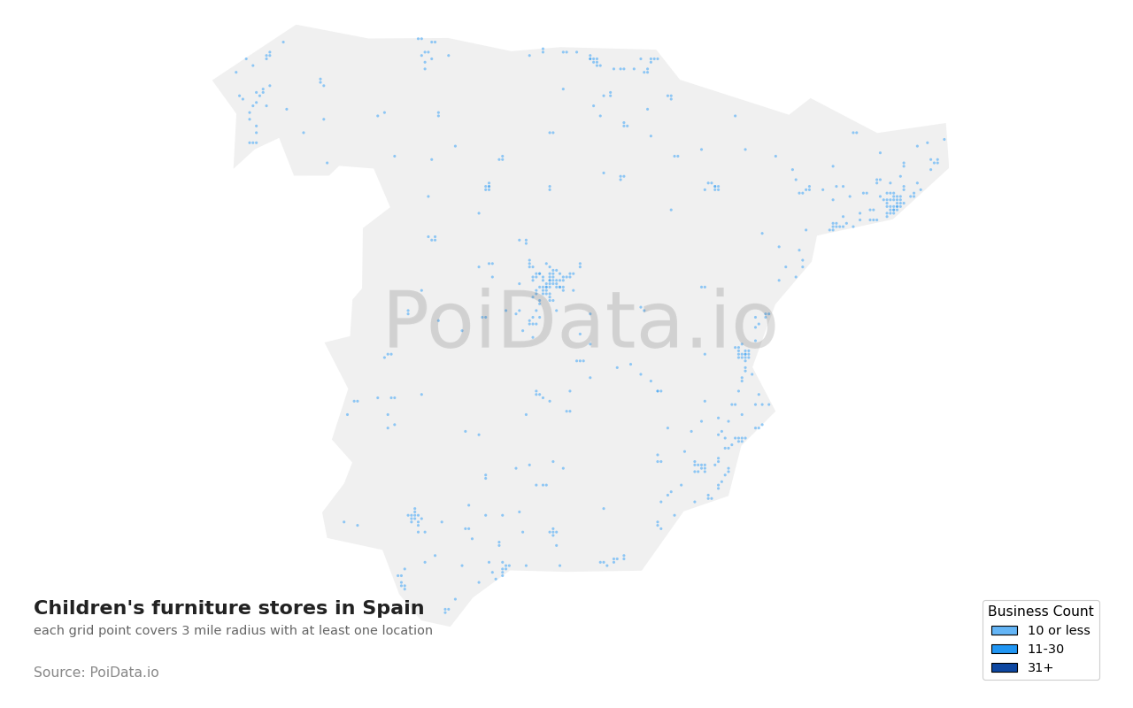 Children's furniture store density map for Spain