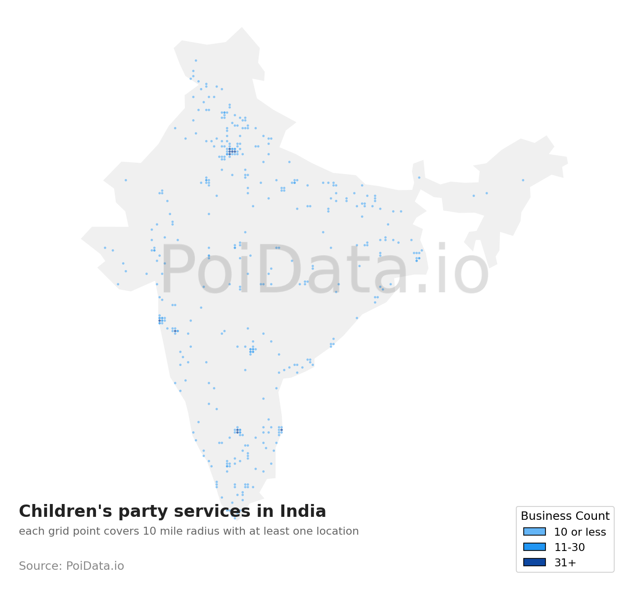 Children's party service density map for India