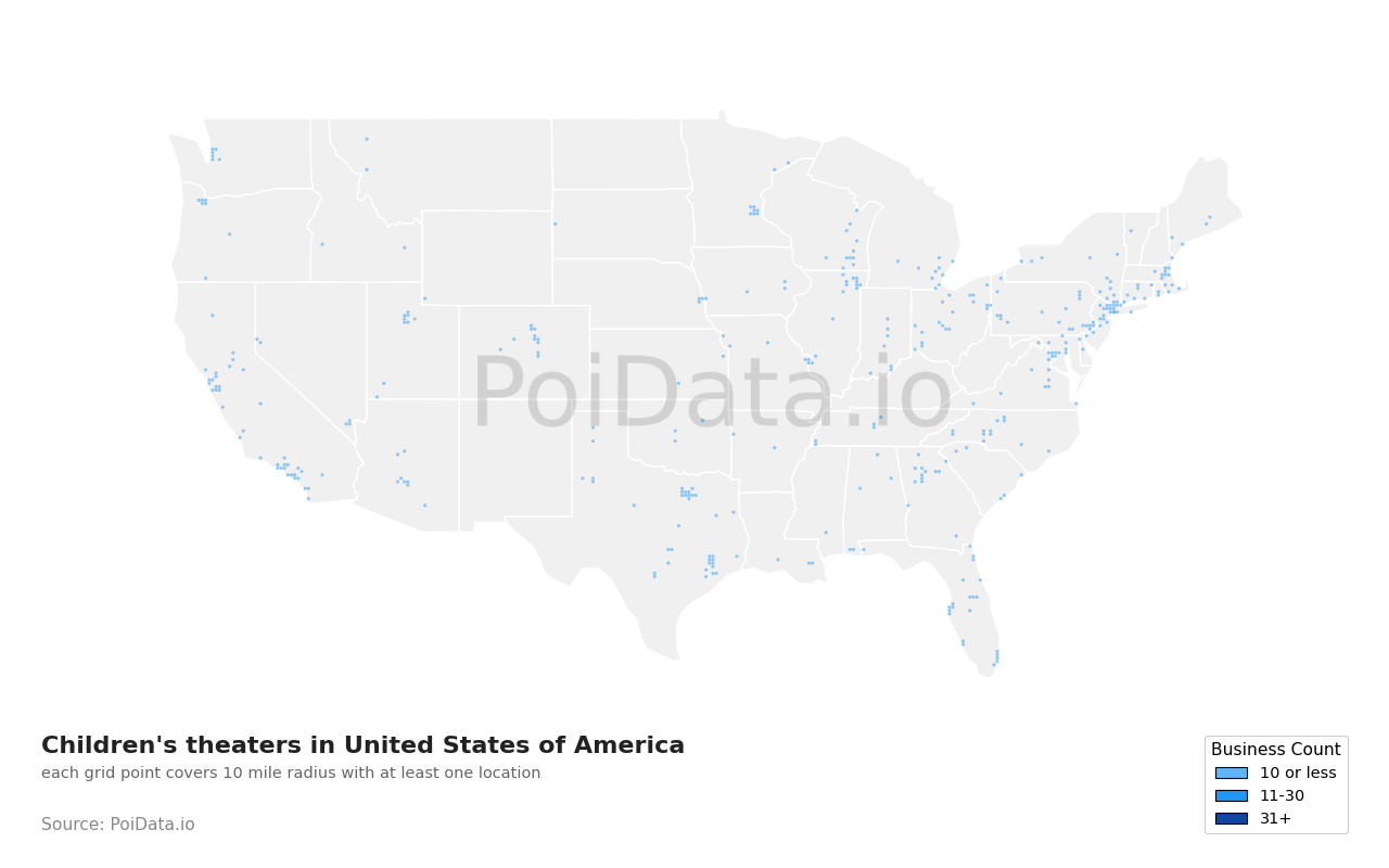 Children's theater density map for California, United States