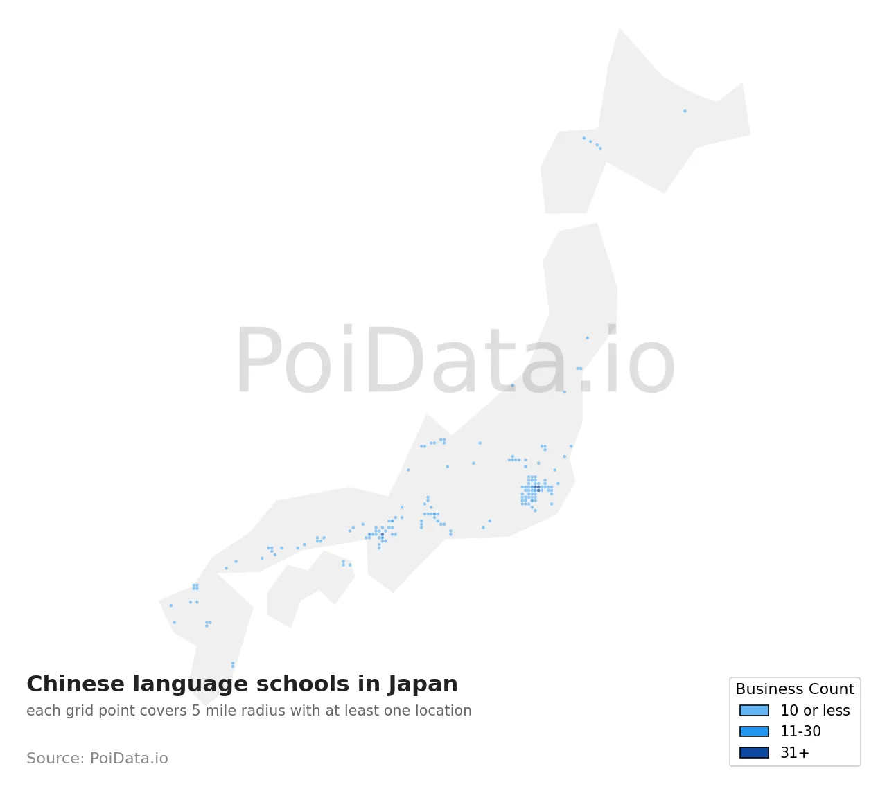 Chinese language school density map for Japan