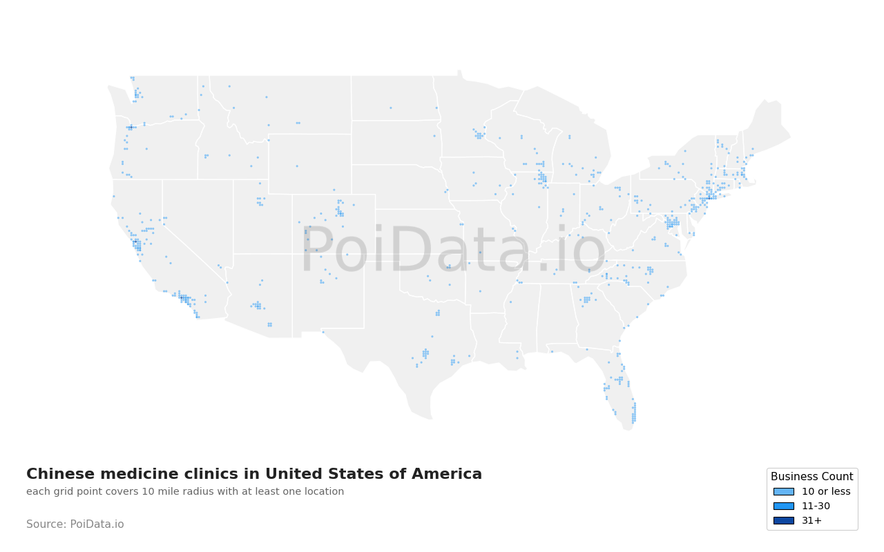 Chinese medicine clinic density map for United States