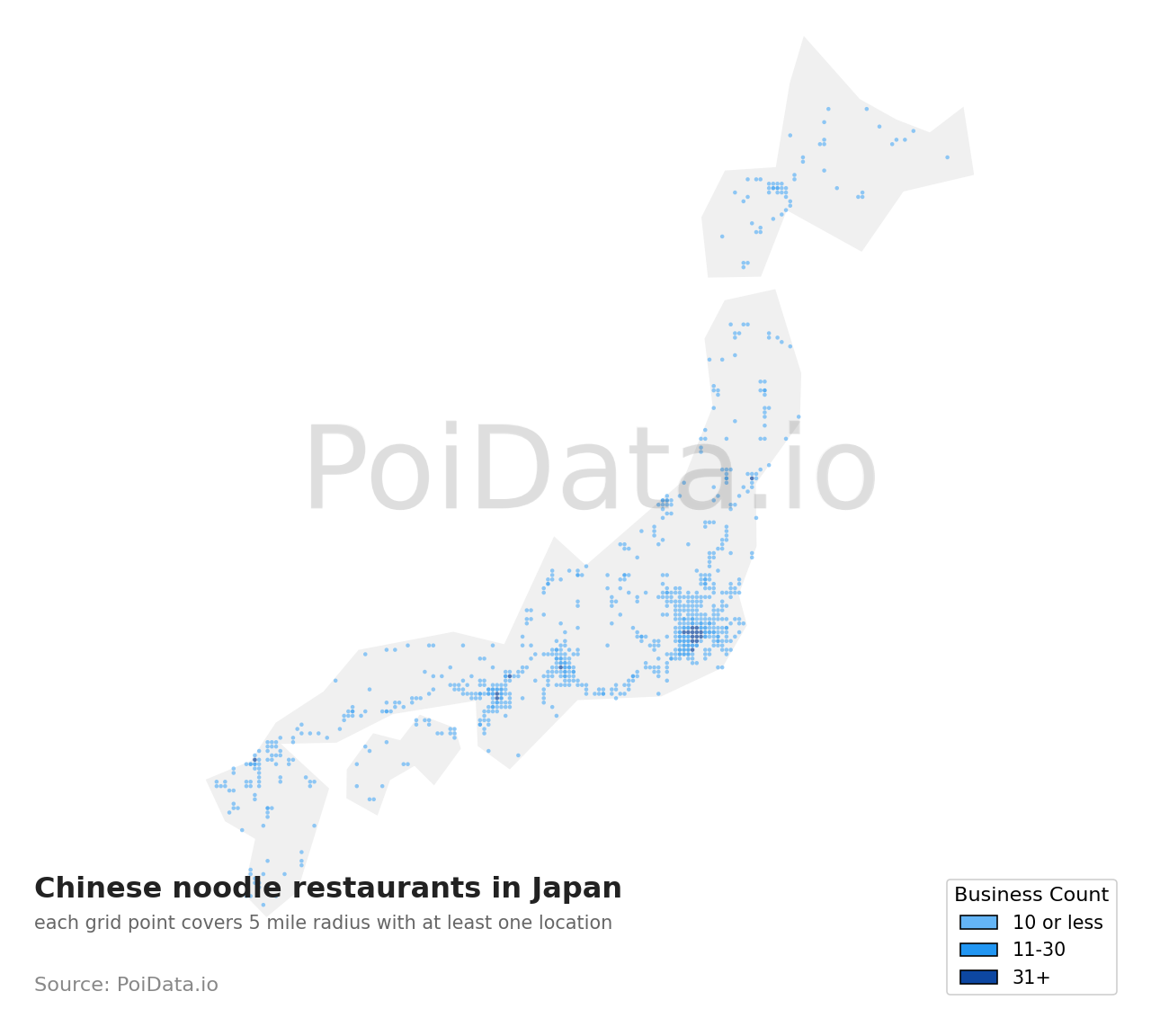 Chinese noodle restaurant density map for Kyoto, Japan