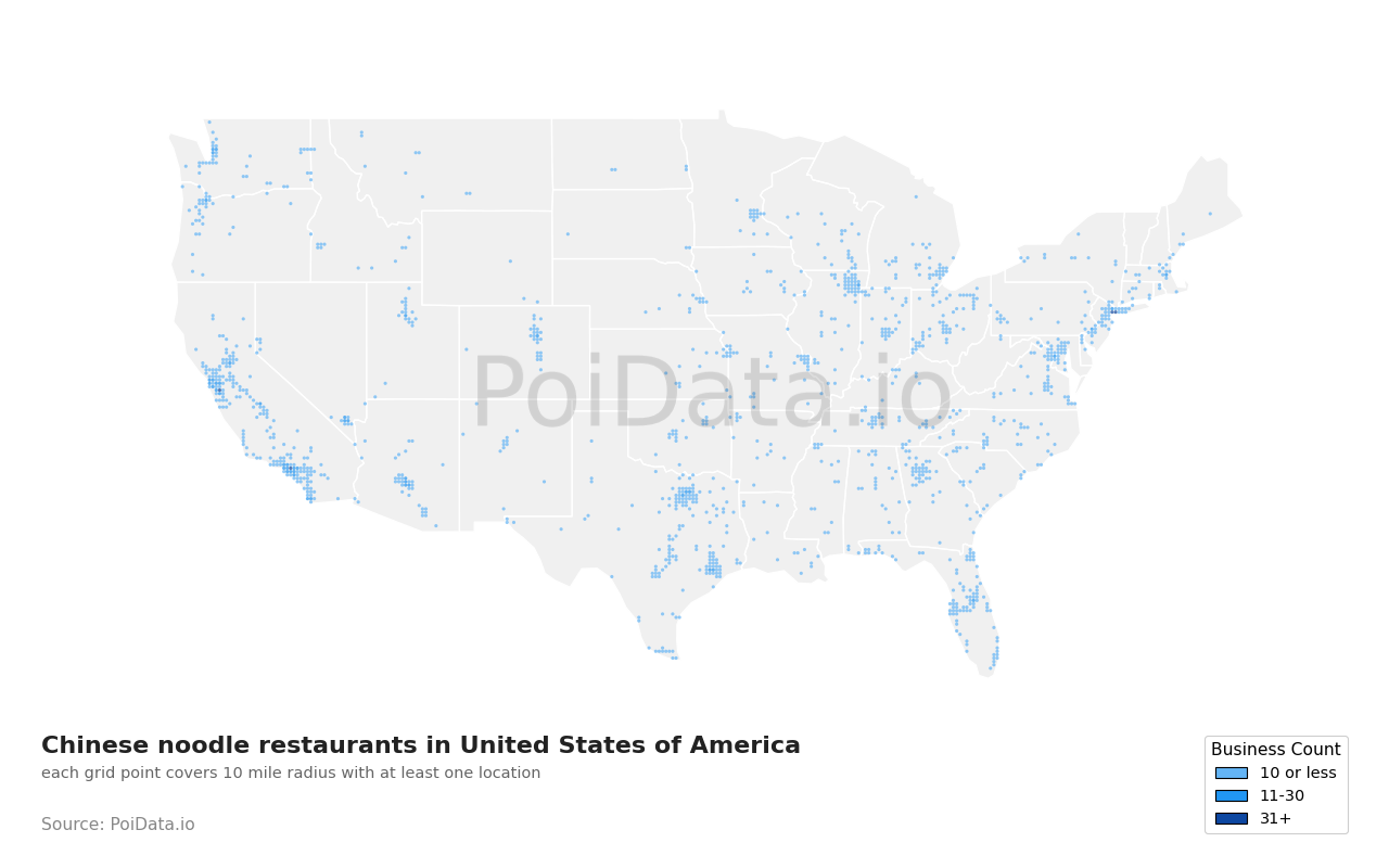 Chinese noodle restaurant density map for United States