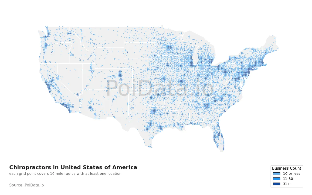 Chiropractor density map for United States