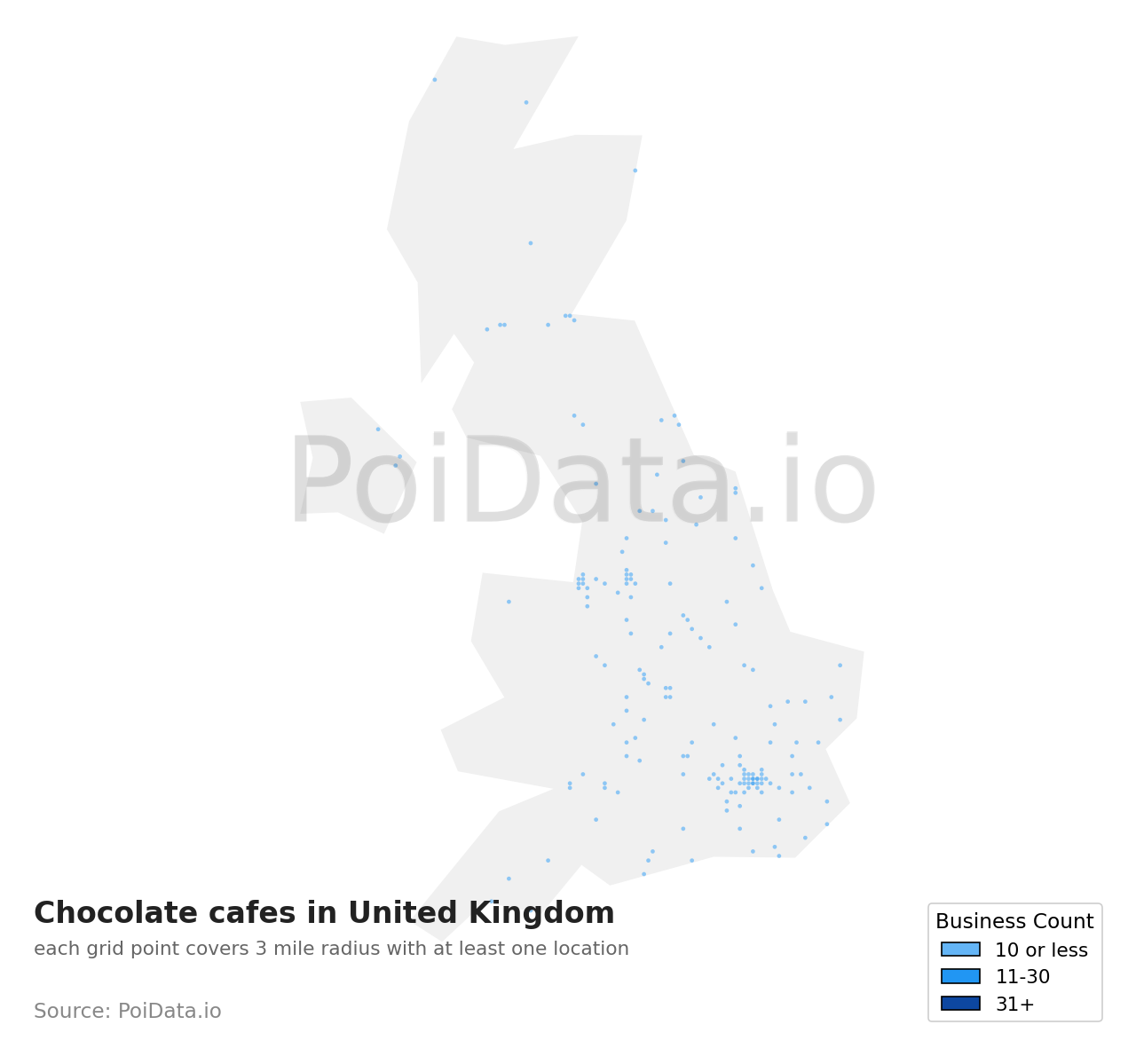 Chocolate cafe density map for United Kingdom