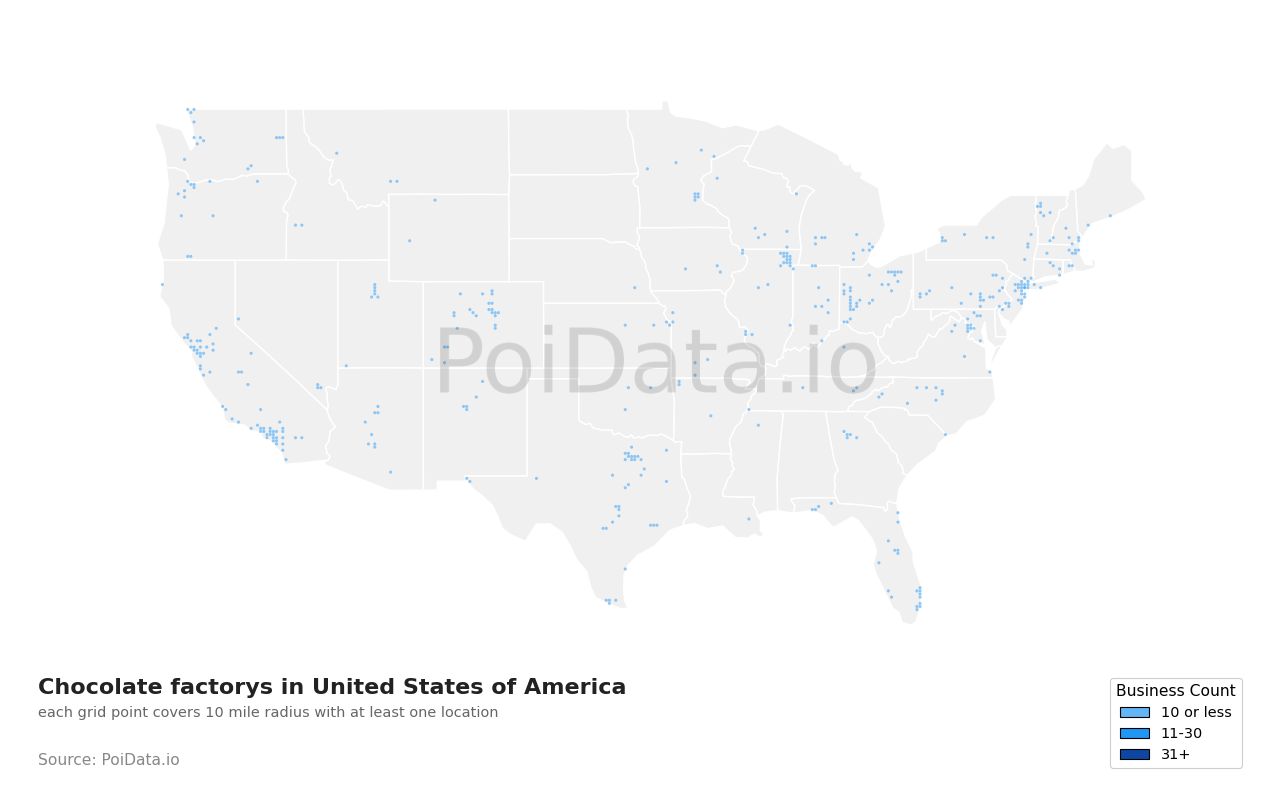 Chocolate factory density map for United States