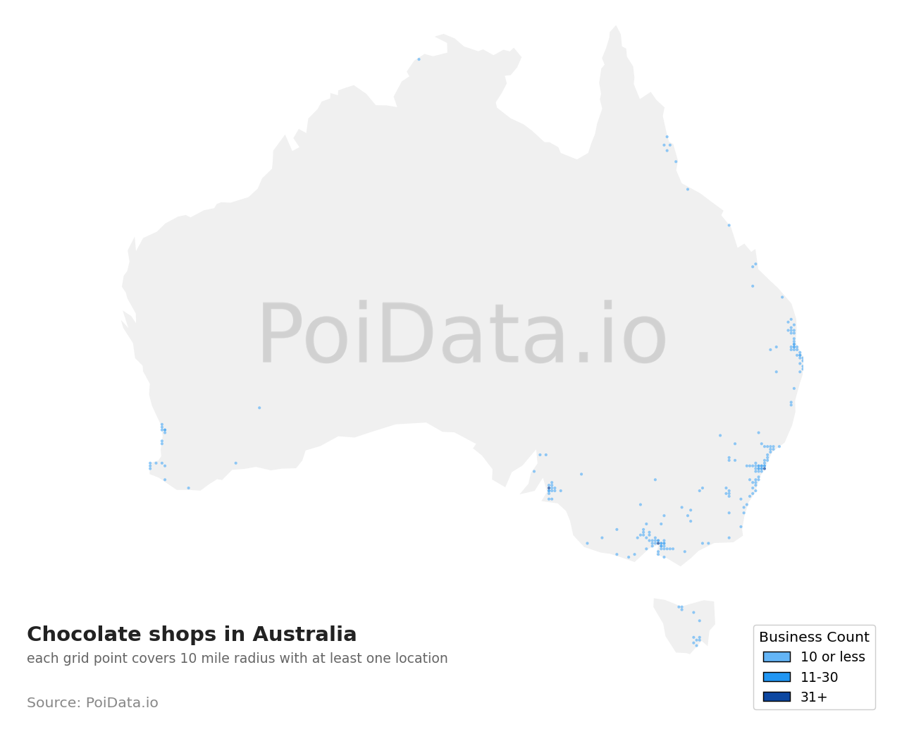 Chocolate shop density map for Australia