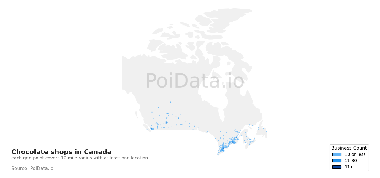 Chocolate shop density map for Canada
