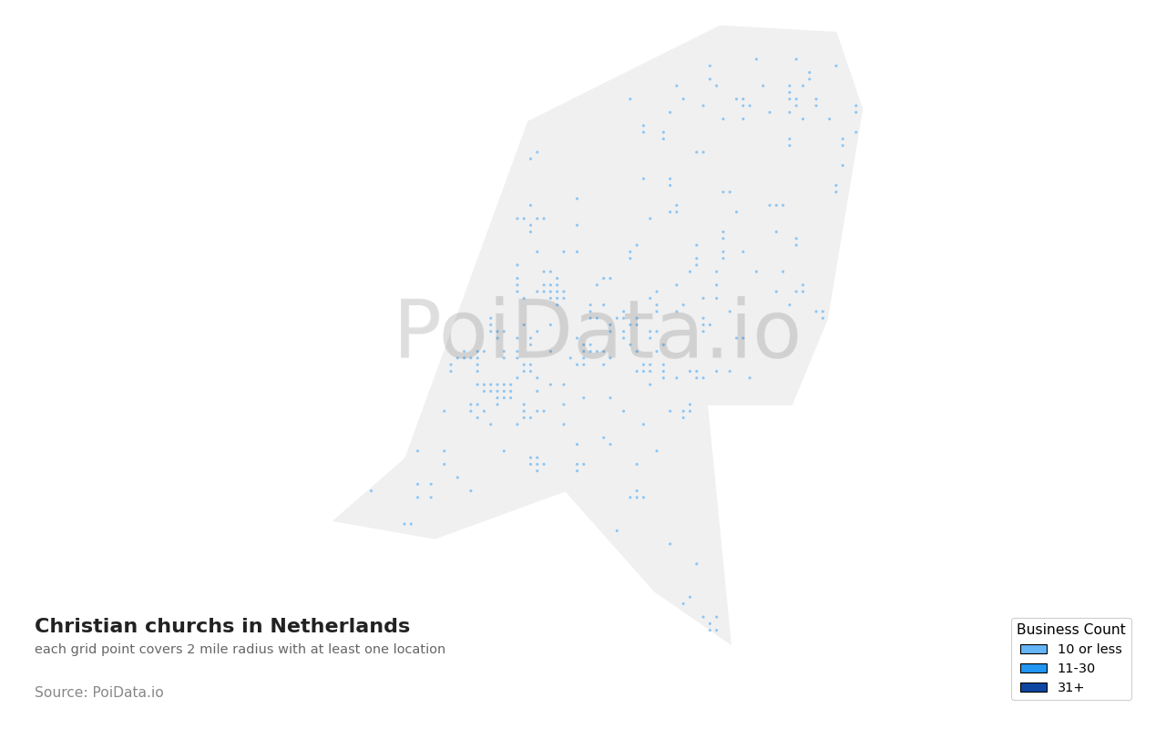 Christian church density map for Netherlands