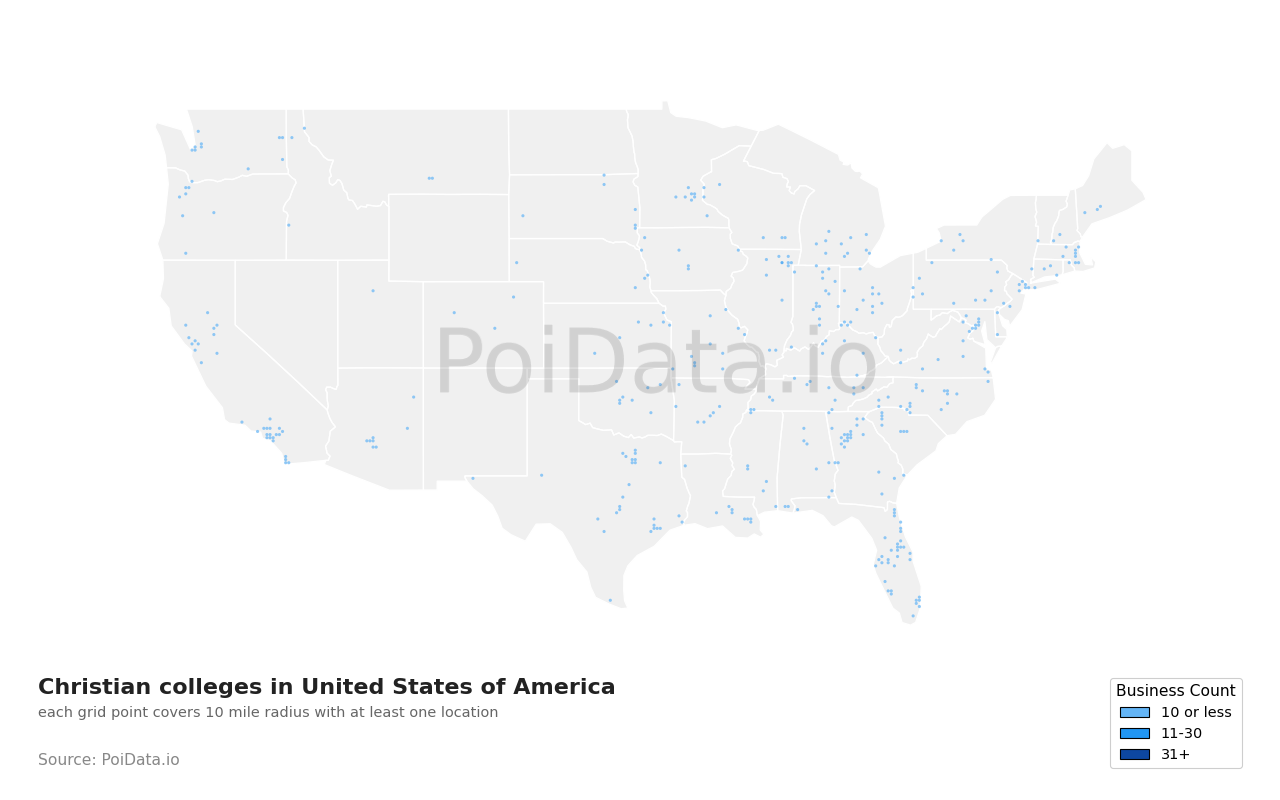 Christian college density map for Pennsylvania, United States