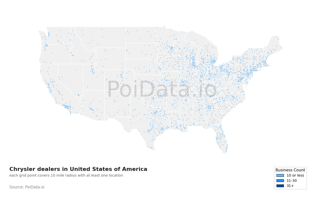 Chrysler dealer density map for United States