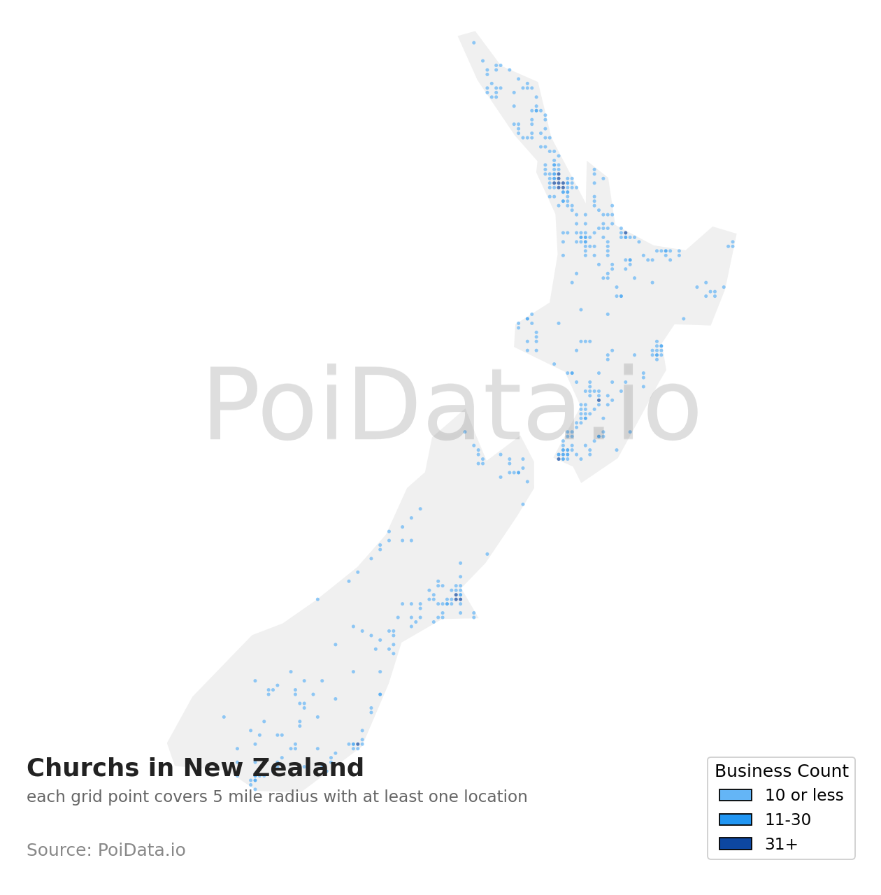 Church density map for New Zealand