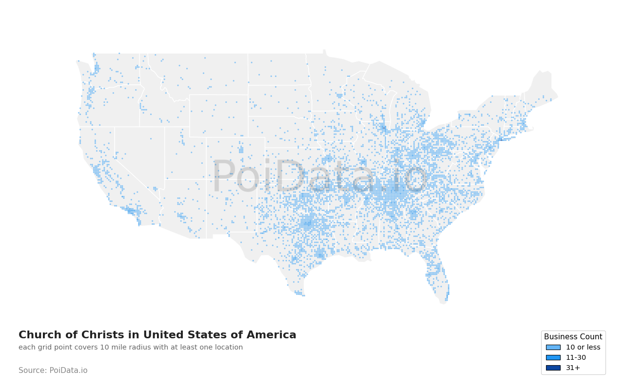 Church of Christ density map for Ohio, United States