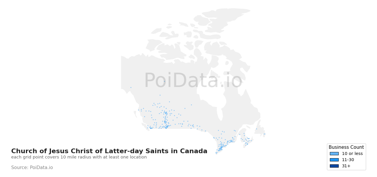 Church of Jesus Christ of Latter-day Saints density map for Canada