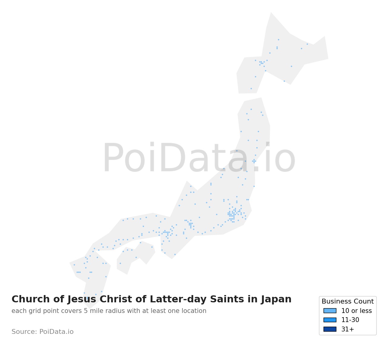 Church of Jesus Christ of Latter-day Saints density map for Japan