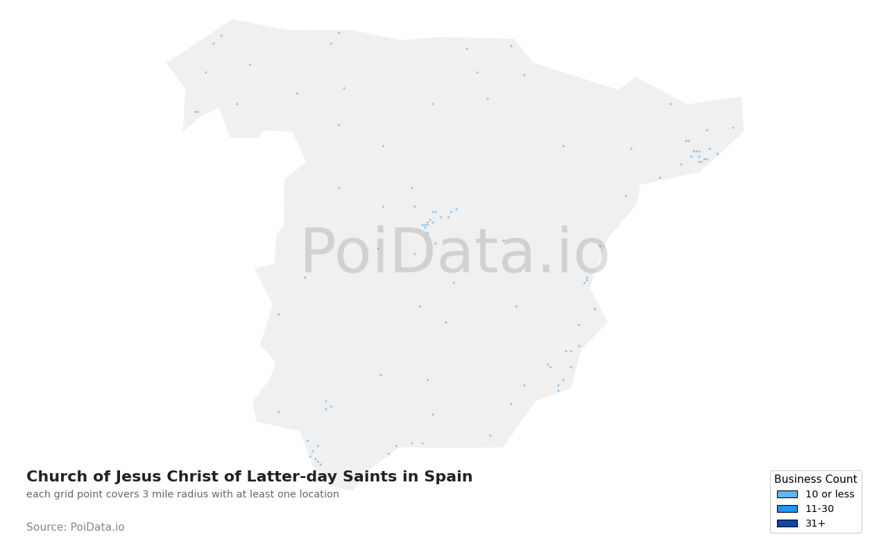 Church of Jesus Christ of Latter-day Saints density map for Spain