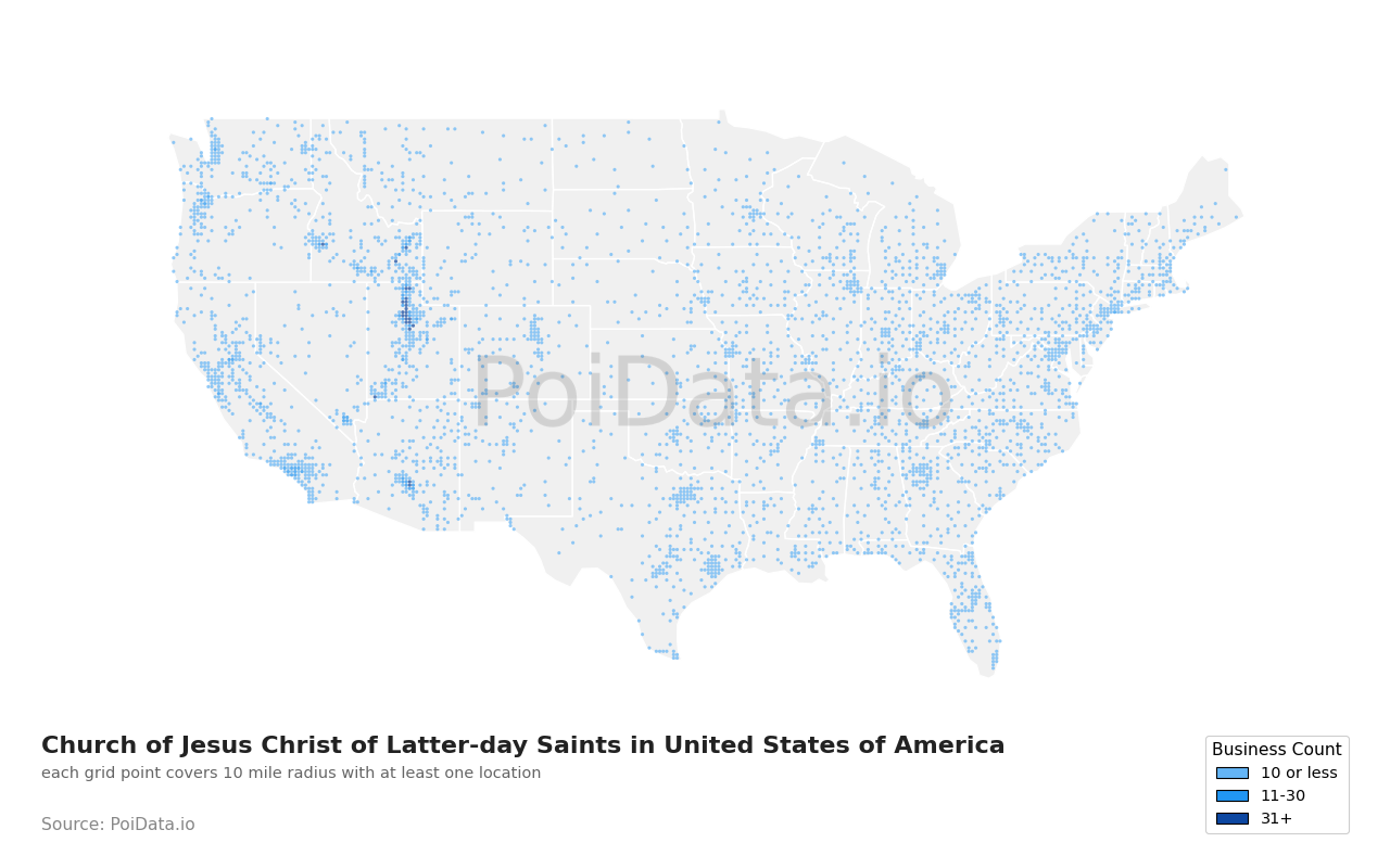 Church of Jesus Christ of Latter-day Saints density map for Tennessee, United States