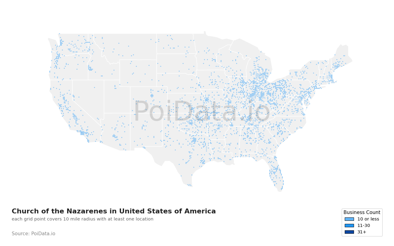 Church of the Nazarene density map for California, United States