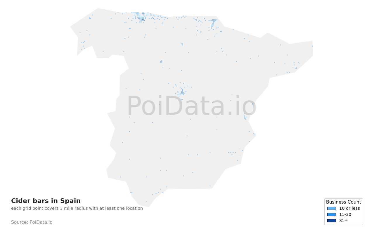 Cider bar density map for Spain