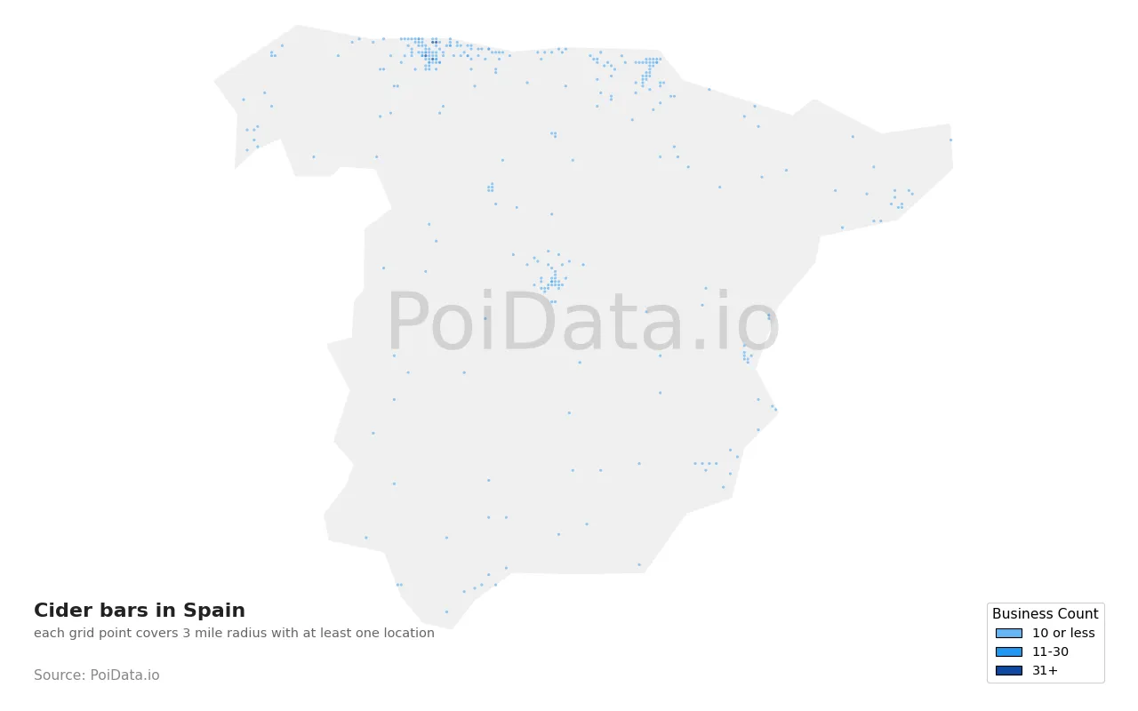 Cider bar density map for Spain