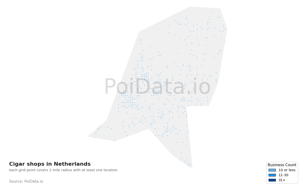 Cigar shop density map for Netherlands