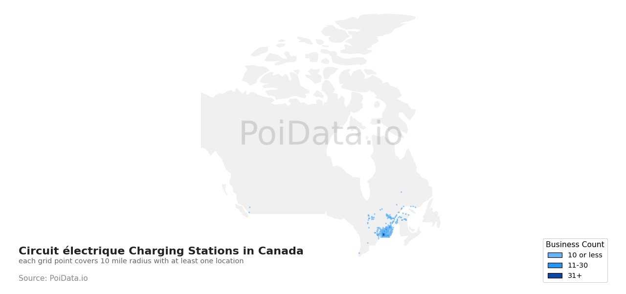 Circuit électrique Charging Station density map for Canada