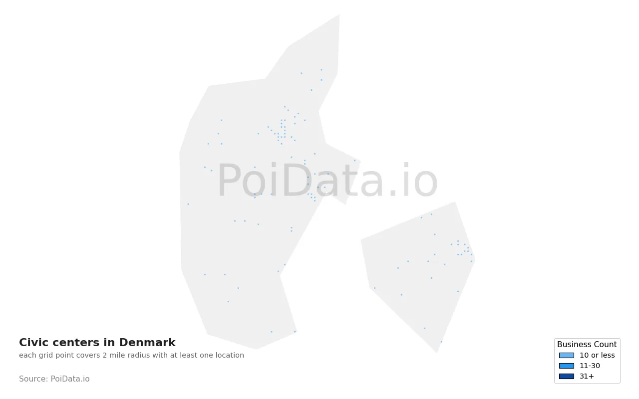 Civic center density map for Denmark