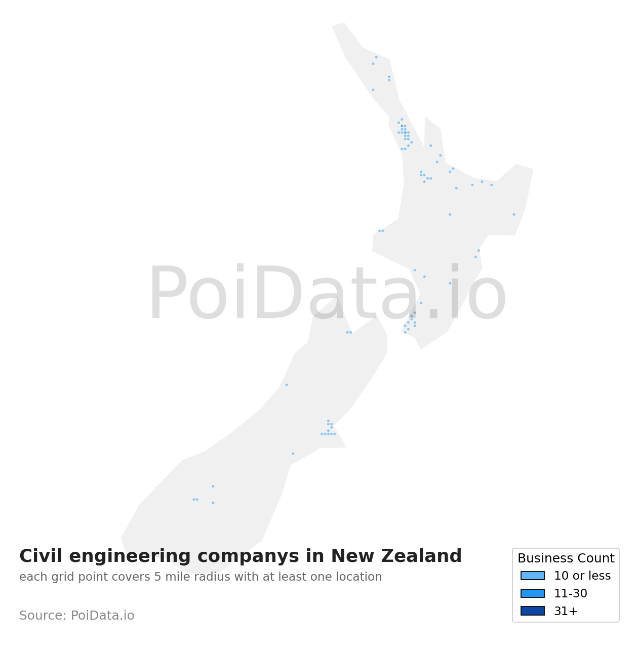 Civil engineering company density map for New Zealand