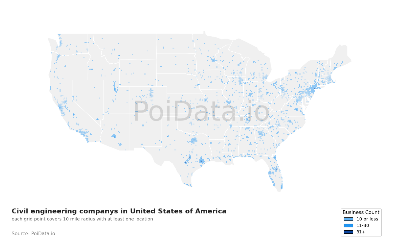 Civil engineering company density map for California, United States