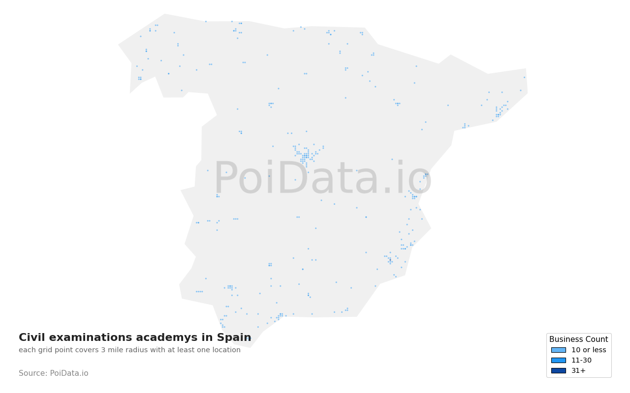 Civil examinations academy density map for Spain