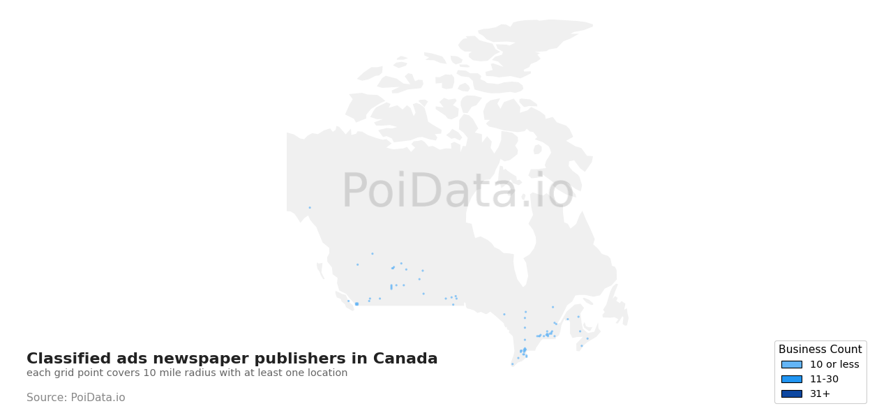 Classified ads newspaper publisher density map for Ontario, Canada