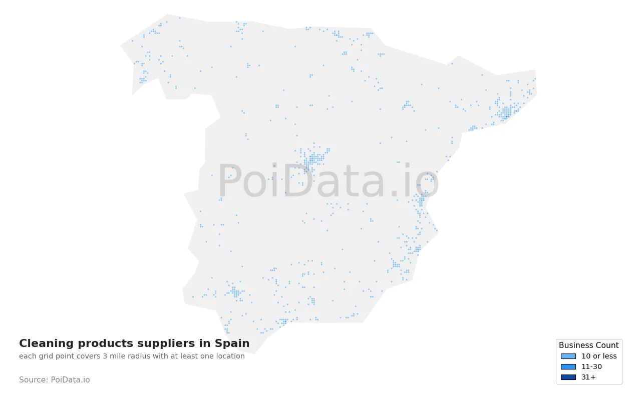 Cleaning products supplier density map for Spain
