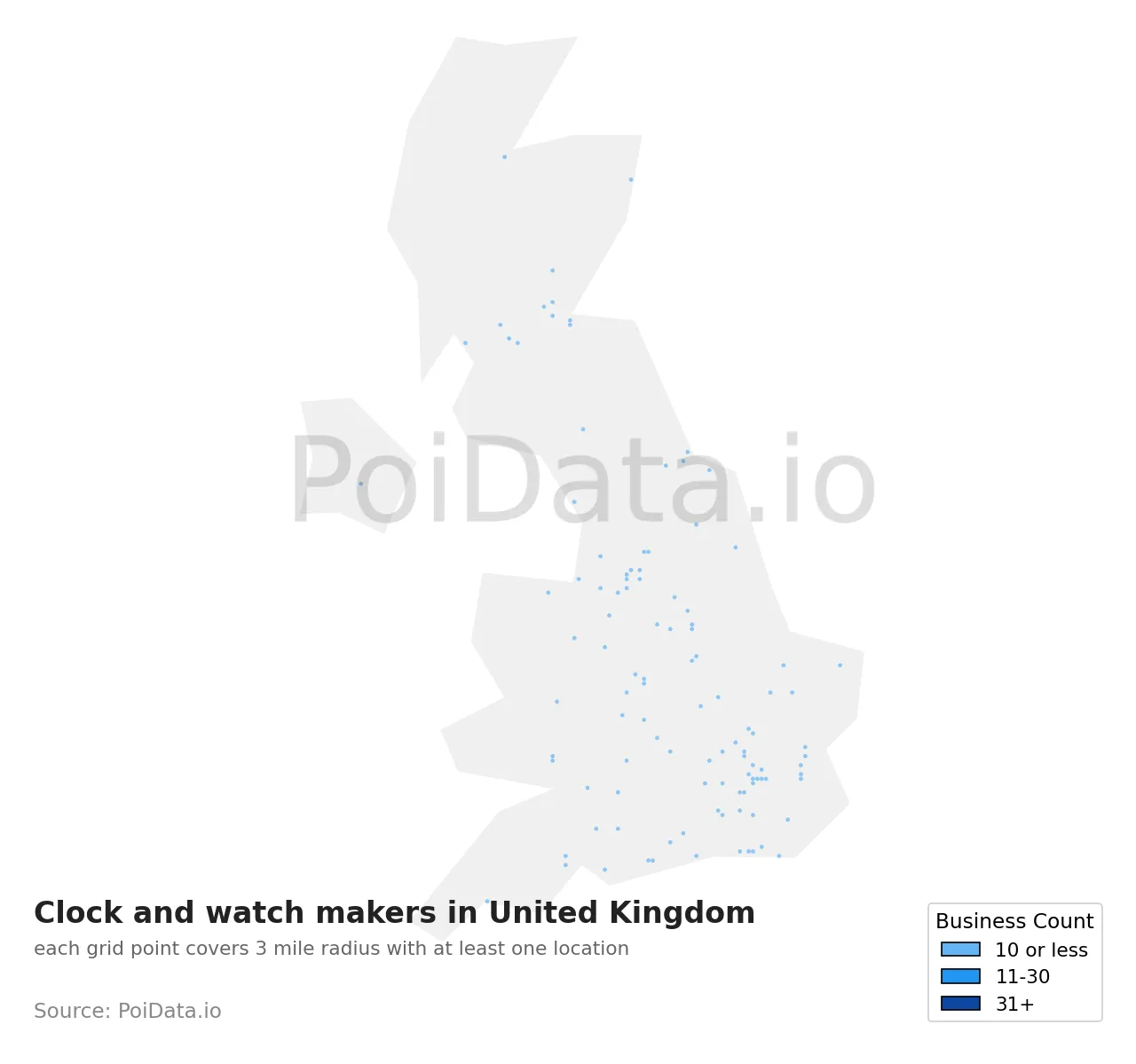 Clock and watch maker density map for United Kingdom