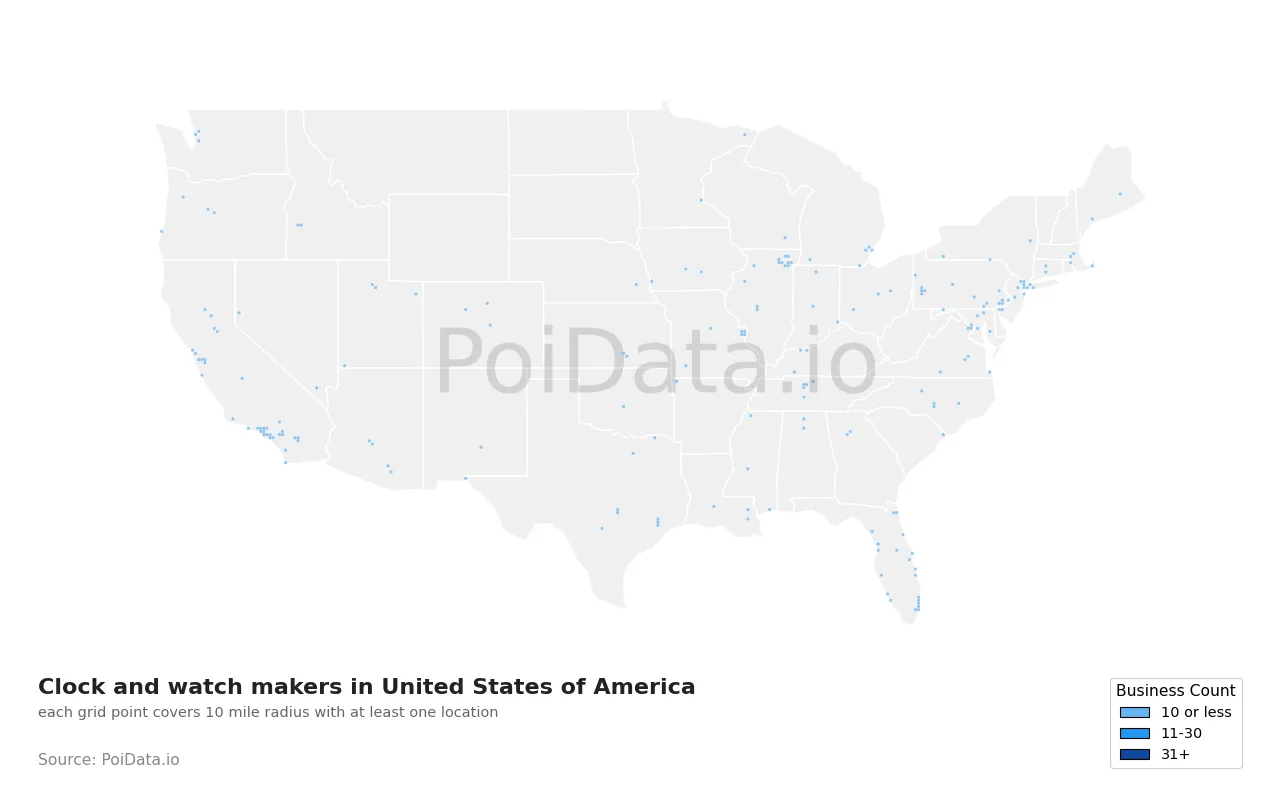 Clock and watch maker density map for United States