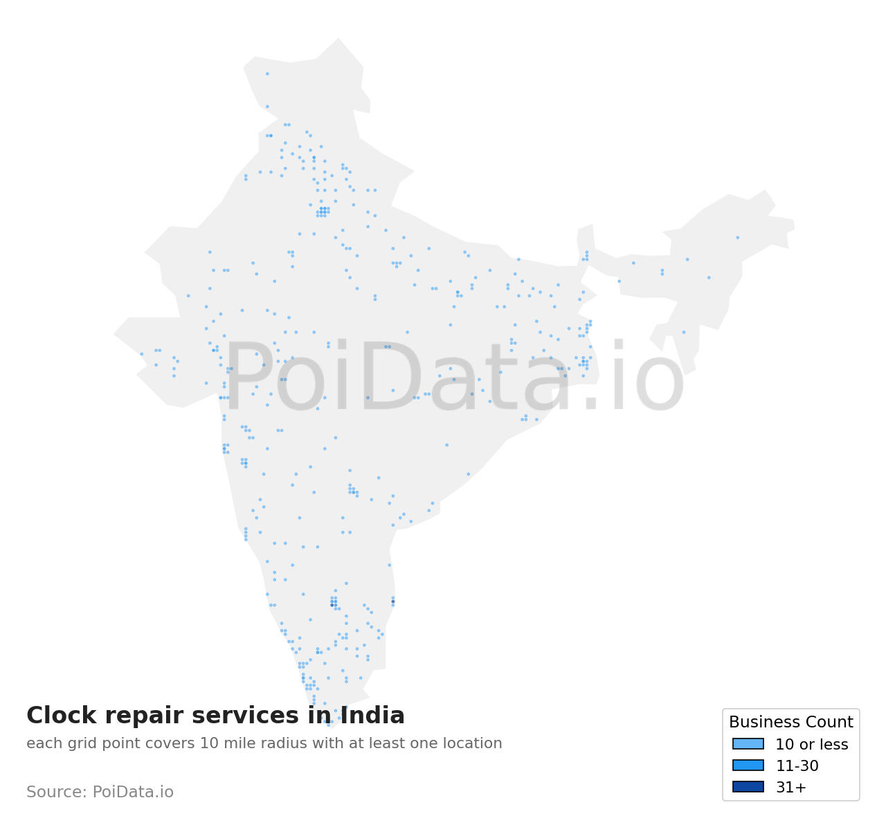 Clock repair service density map for India