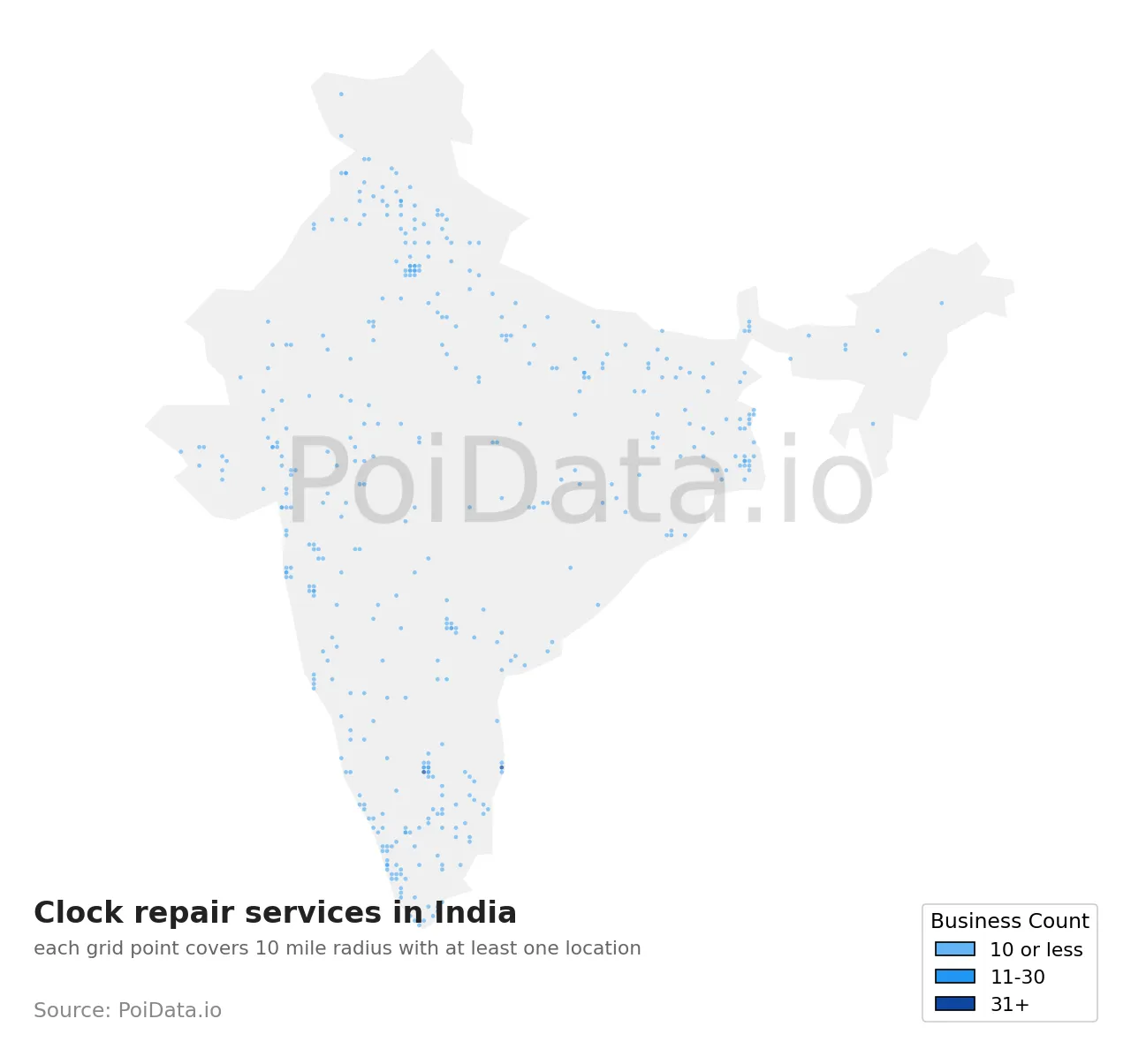 Clock repair service density map for India